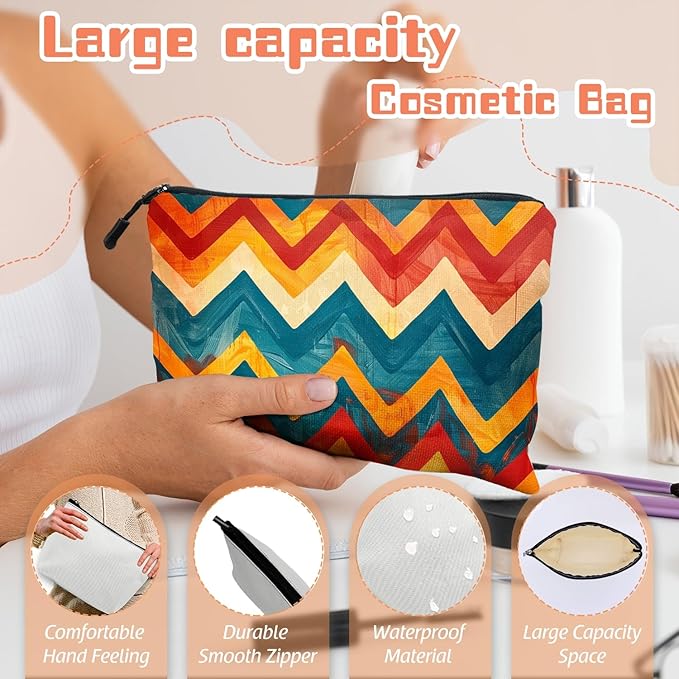 Scribesense Cosmetic Bags Travel Makeup Toilet Case Waterproof Pouch for Women Girls 6.7X9.45inches - Zigzag Pattern in Warm And Cool Tones