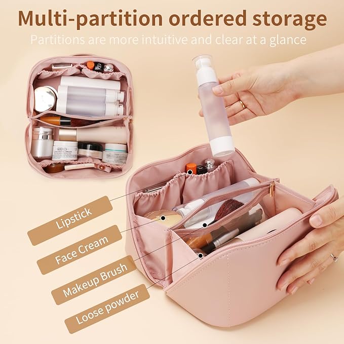 zaleeta 3 Pcs Travel Makeup Bag Portable Large Capacity Cosmetic Bags for Women Open Flat Makeup Case Organizer Bag Set of 3 Waterproof PU Leather Toiletry Bags with Divider and Handle (Pink, Medium)