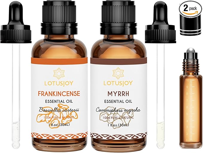LOTUSJOY Frankincense and Myrrh Essential Oil, for Skin, Hair, 2 x 1 Oz