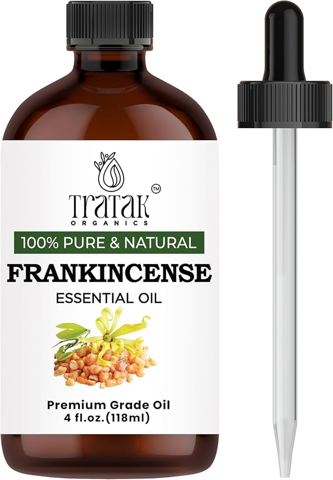 TRATAK ORGANICS Frankincense Essential Oil 4 FL OZ – 100% Pure Oil with Glass Dropper, Therapeutic Grade for Aromatherapy, Diffuser, Skin Care & Massage, Meditation, DIY Candles & Soap Making