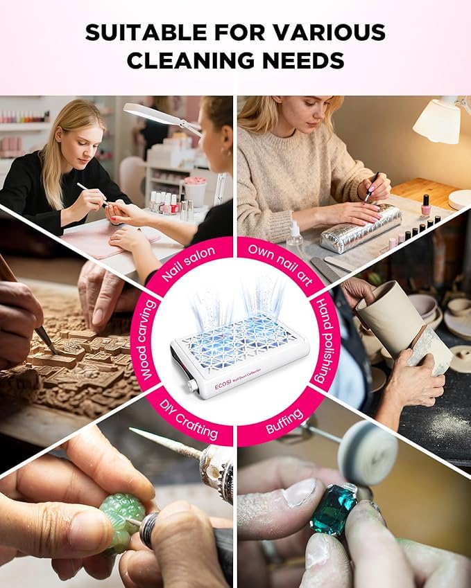 ECOSI Nail Dust Collector, 8000RPM & 1600PA Dual Turbo Professional Vacuum Fan Dust Extractor with 30 Pcs Filter Papers, Stepless Adjustable Suction for Manicure, Salon Nail Tech & Home (White)