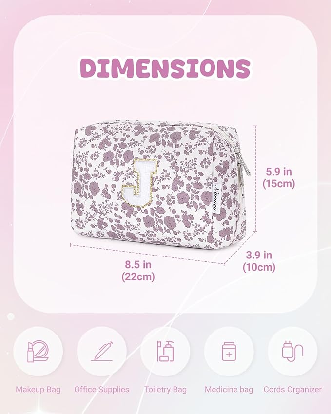 Narwey Birthday Gifts for Teen Girls Kids Women Personalized Initial Floral Makeup Bag Cute Cosmetic Trendy Stuff 6 8 10 11 12 13 14 16 18 Years Old Travel Toiletry Bag (Little Dusty Pink Flower J)
