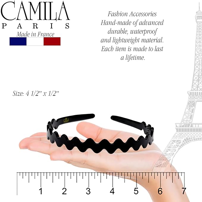 Camila Paris CP3295 French Headband for Women, Black, Strong Hold Grip Women's Hair Band, Ligth and Very Flexible, No Slip Durable Styling Girls Hair Accessories, Made in France