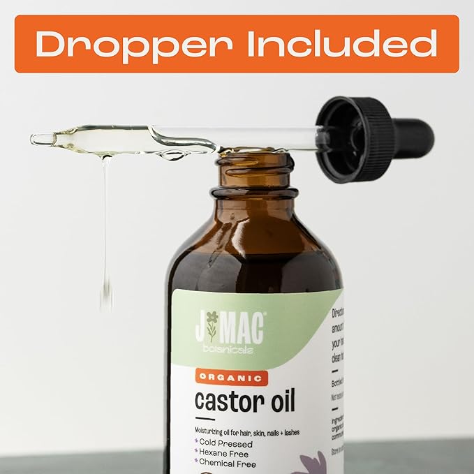 J MAC BOTANICALS Organic Castor Oil Cold Pressed in Amber Glass Bottle (2 oz with Dropper) USDA Certified, Hexane Free - Moisturizing Oil for Hair, Skin, Face, Eyelashes, Brows, & Nails