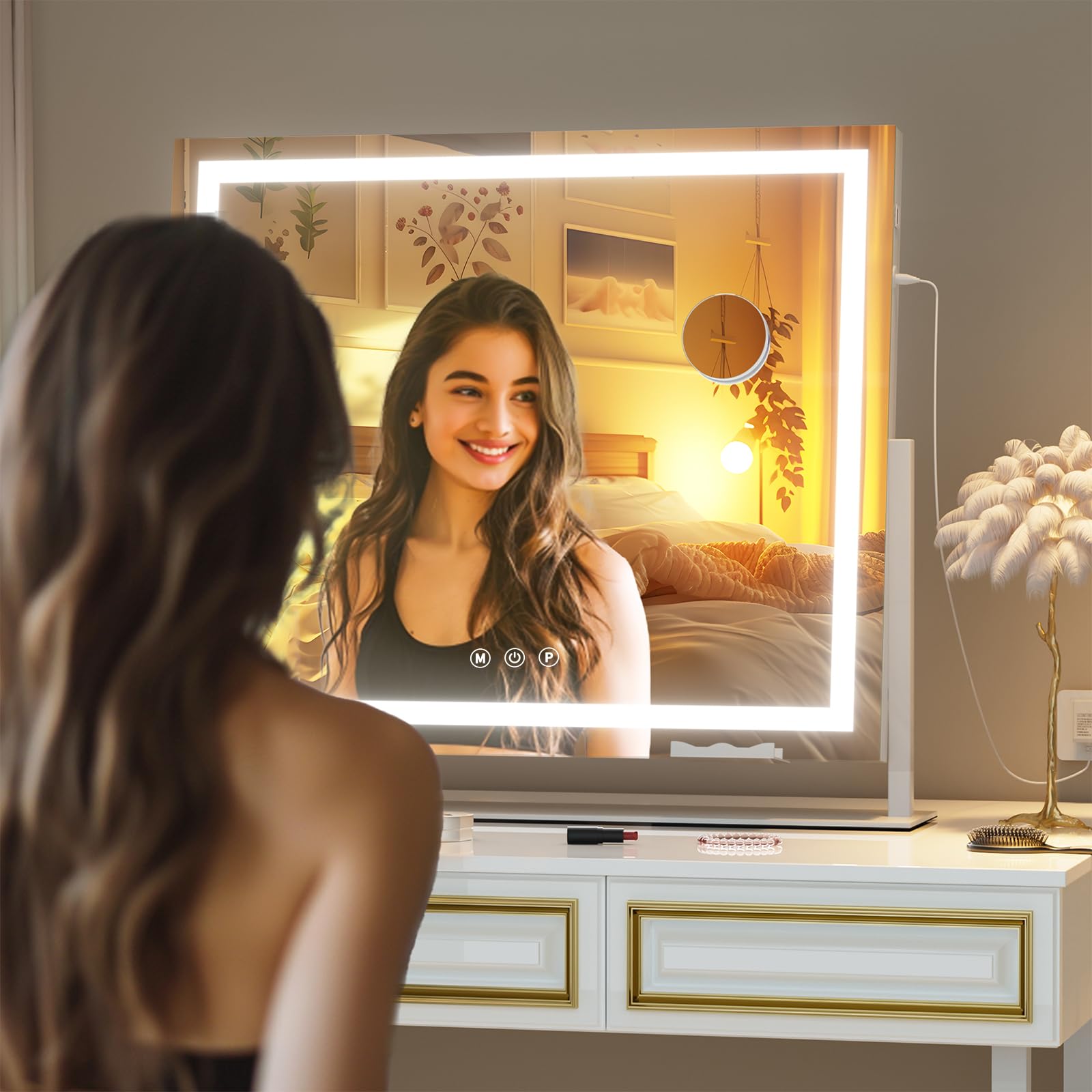 Hasipu Vanity Mirror with Lights, 25.6" x 21.3" LED Makeup Mirror, Light up Mirror with 10X Magnification and Phone Holder, USB Charging Port, Smart Touch 3 Colors Dimmable, 360° Rotation (White)
