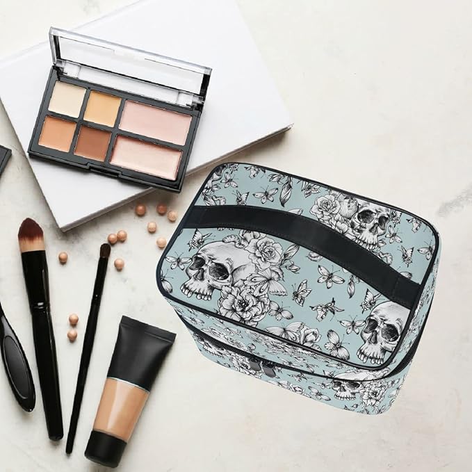 MNSRUU Skull Makeup Bag, Vintage Goth Skull Butterfly Makeup Organizer Bags Toiletry Bag Box Travel Cosmetic Bag Make Up Train Case for Women Teen Girl Ladies