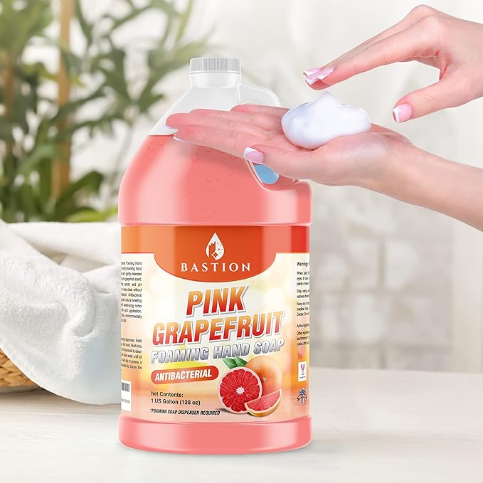 Bastion Pink Grapefruit Antibacterial Foaming Hand Soap Refill – Case of 4 Gallons (512 oz) – Bulk Moisturizing Hand Wash for Home, Office, Restaurants & Commercial Use – pH-Balanced, Gentle on Skin