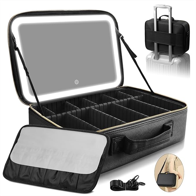 Suupvaor Upgraded Large Travel Makeup Bag with LED Mirror, 15” Makeup Case