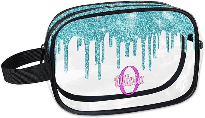 KFNHN Custom Transparent Travel Toiletry Bag for Women, PVC Large Makeup Bag, Cosmetic Bag, Comestic Essentials for Women, Water Flow Shape Aqua Blue Shiny Glittering