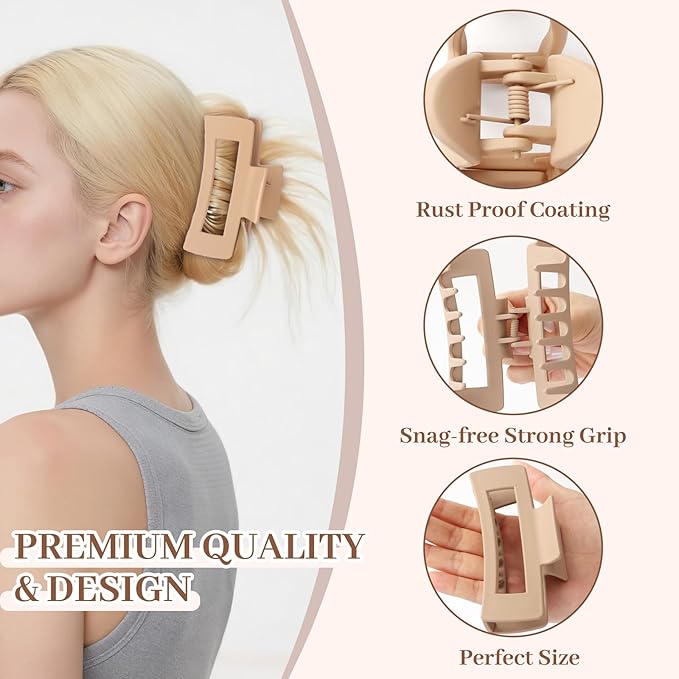 Matte Non-Slip Large Hair Clips for Women 8PCS (4 Beige+4 Khaki)