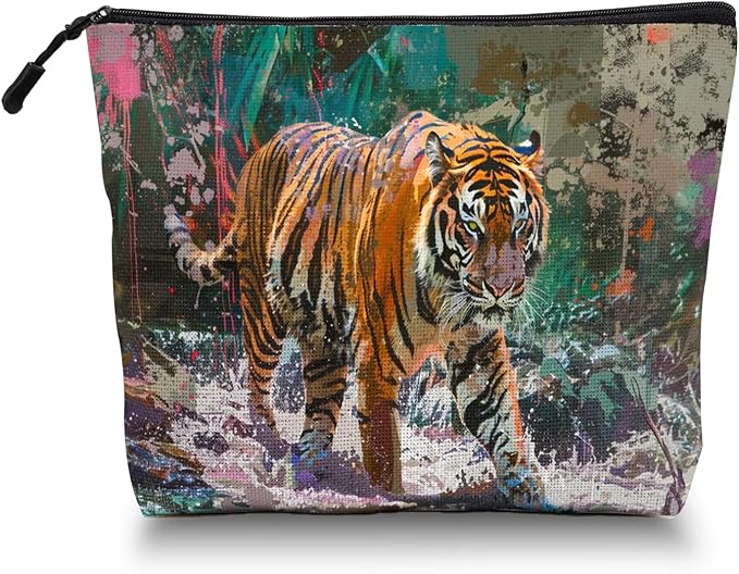 Scribesense Cosmetic Bags Travel Makeup Toilet Case Waterproof Pouch for Women Girls 6.7X9.45inches - Artistic Tiger Walking Through A Splash - Filled Jungle