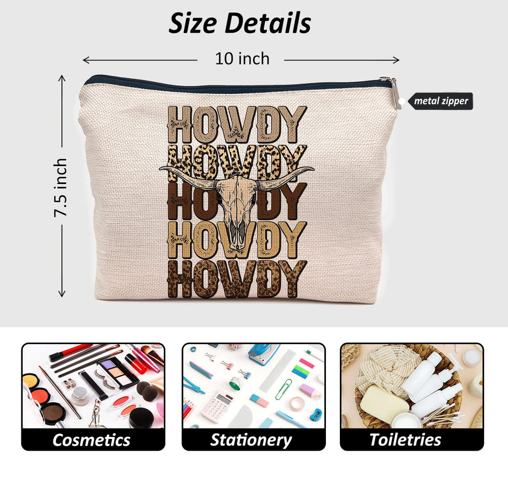 IWXYI Retro Western Leopard Cow Skull Howdy Decor Makeup Bag,Vintage Western Cowboy Howdy Women'S Make up Bag Zipper Pouch Travel Toiletry Gifts For Women Teenage Girls Girl