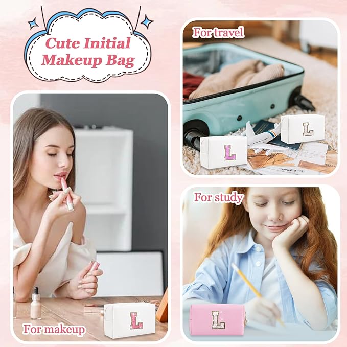 Initial Letter Patch Makeup Bag, Small Preppy A-Z Glitter Letter Cosmetic Bag, PU Leather Waterproof Travel Toiletry Bag, Cute Make Up Pouch Personalized Monogrammed Gift for Women Teen Girls
