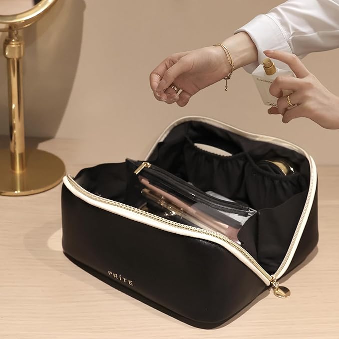 Prite Makeup Bag Travel Toiletry Bag Open Flat Cosmetic Organizer for Women