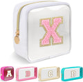 Iqimott Mini Clear Personalized Initial Makeup Bag, Small Preppy A-Z Chenille Letter Patch Cosmetic Pouch, Transparent PVC & Nylon Waterproof Zip Beach Toiletry Bag,Gift for Women Girls(White-Pink X)