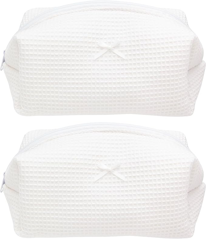 Cozy Makeup Bag for Women,Zipper Cosmetic Pouch,Waffle White,2 Pack