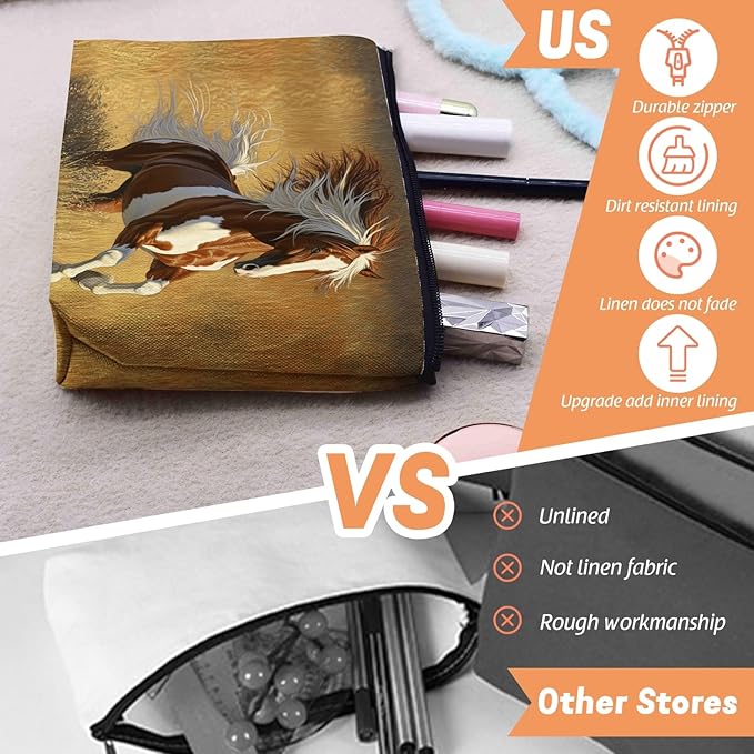 Scribesense Cosmetic Bags Travel Makeup Toilet Case Waterproof Pouch for Women Girls 6.7X9.45inches - Horse Galloped on The Golden Grass