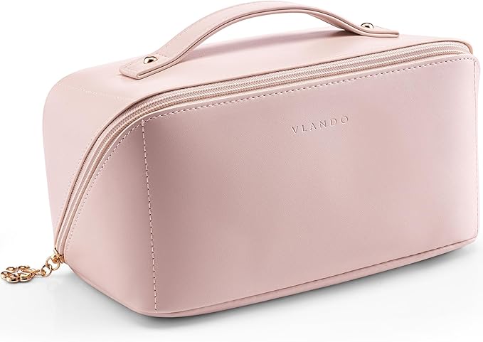 VLANDO Makeup Bag for Women with Open Flat Layout,Zipped TPU Pocket,Pink
