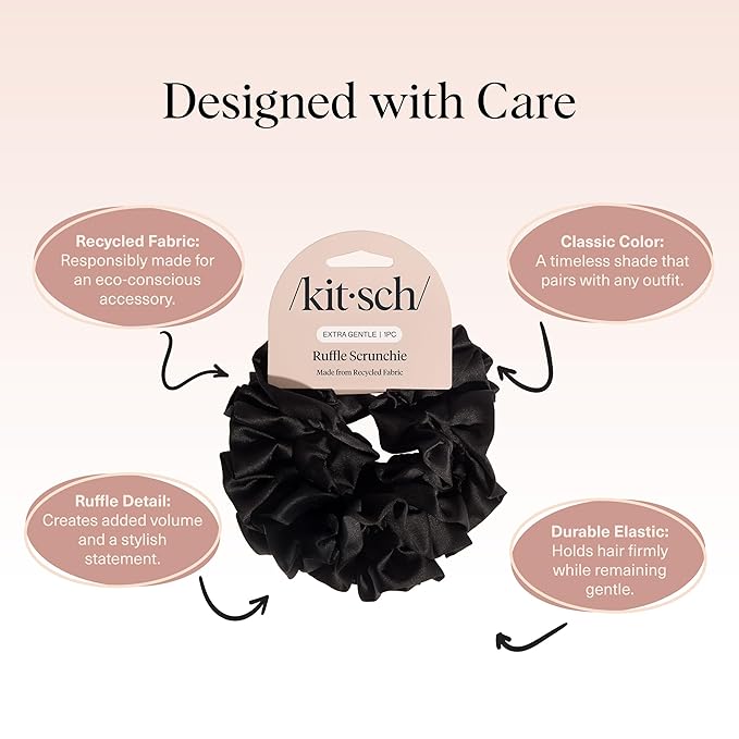 Kitsch Ruffle Satin Scrunchies For Women - Gentle Hair Tie - Black, 1pc
