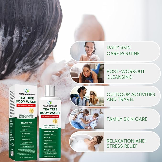 PHARMBANNER Tea Tree Antifungal Body Wash – Soothes Folliculitis, Acne, Jock Itch, Athlete’s Foot, Ringworm, Tinea Versicolor, Body Odor, Eczema & Dermatitis-Prone Skin