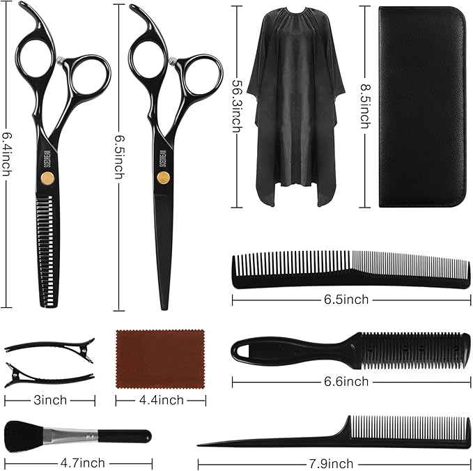 SCEDREAM 11-Piece Hair Cutting Scissors Kit - Professional Set with Thinning Scissors, Comb, Cape, Clips, Brush, Leather Bag for Barber, Salon, Home