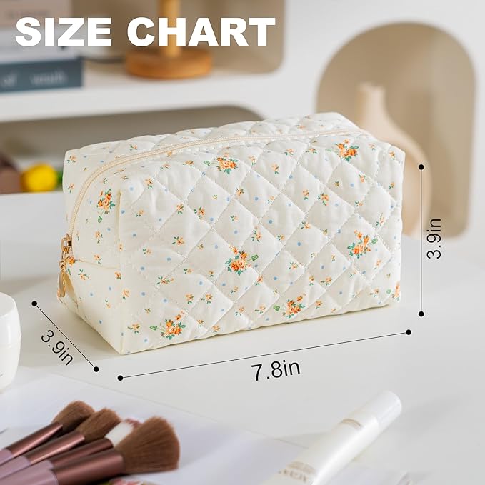 UUYUUY Makeup Bag Travel Toiletry Bag for Women, Small Cosmetic Bags Cute Quilted Cotton Makeup Pouch for Purse Emergency Bag Floral Pencil Case Accessory Bag, Orange Floral