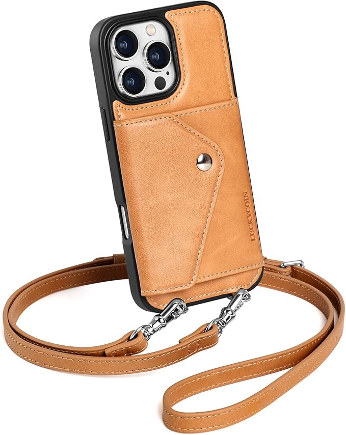 LUCKYCOIN Crossbody Phone Case for iPhone 16 Pro Max, 100% Genuine Leather Phone Wallet Case for Women, Premium Hands-Free Phone Purse with Expandable Flip Card Holder & Adjustable Strap - Retro Tan