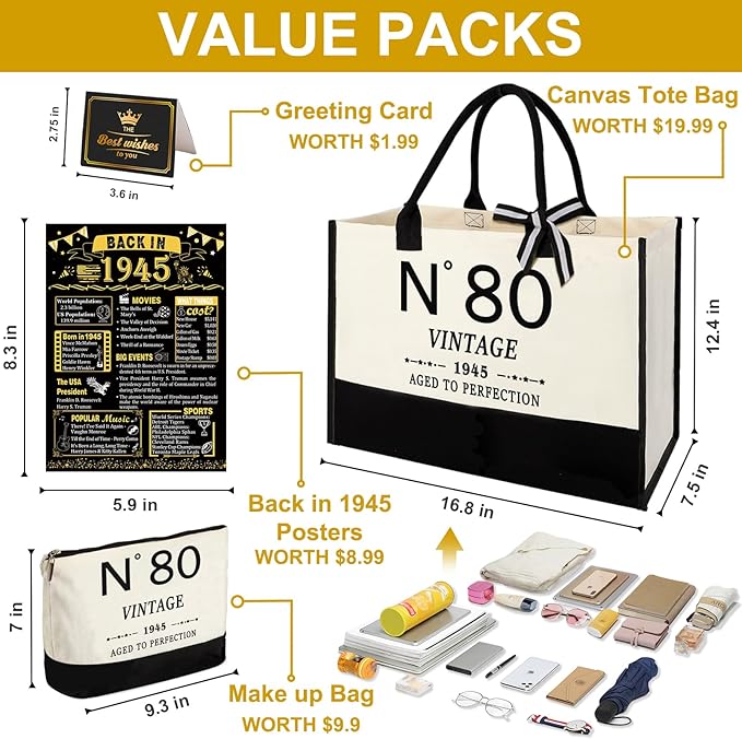 80th Birthday Gift for Women-N°80 Canvas Tote Bag,Makeup Bag,Back in Poster