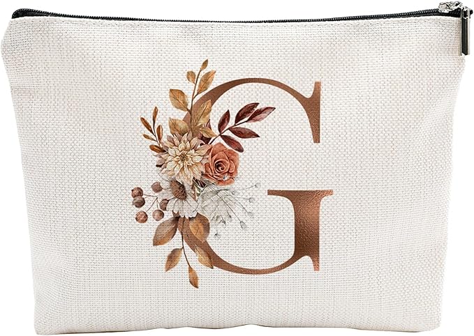 YKYENR A-Z Boho Personalized Cosmetic Bag-Floral Cotton Letter Makeup Bag With Zipper-Artistic Cosmetic Bag For Travel-Bride,Birthday Gift For Women Daughter Friends-Women Makeup Organizer-A07