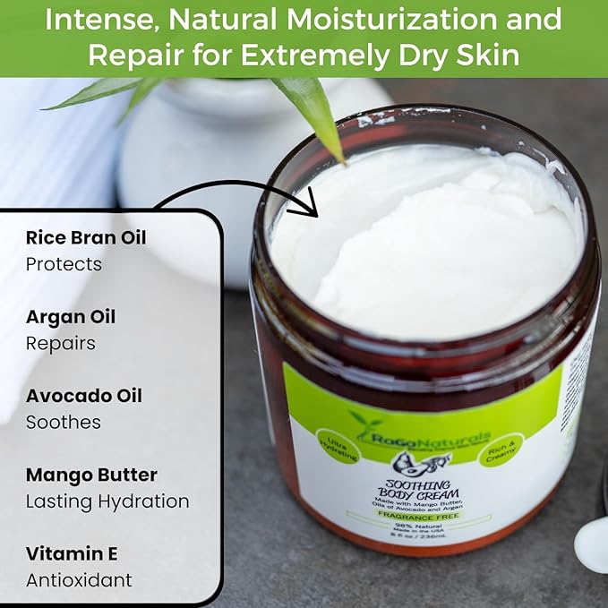 RaGaNaturals Fragrance Free Natural Hand and Body Cream - Moisturizer for Dry, Sensitive & Eczema-Prone Skin -Mango Butter, Argan Oil, Vitamin E -Unscented Non-Comedogenic Lotion for Women & Men -8 oz