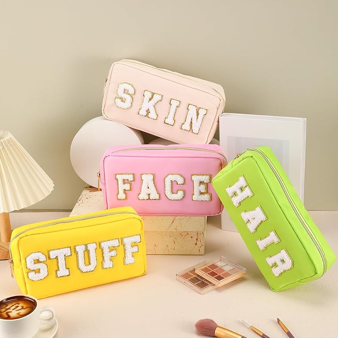 Cunno Preppy Makeup Bags Chenille Letter Stuff Bag Nylon Cosmetic Pouch Cases with Zipper for Women Travel Toiletry(Vibrant Color,Classic,4 Pcs)