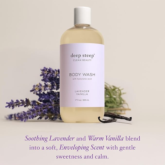 Deep Steep Lavender Vanilla Body Wash, Hydrating Shower Gel with Hyaluronic Acid & Shea Butter for Sensitive Skin, Bodywash for Women & Men, 17 Fl Oz, 1-Pack
