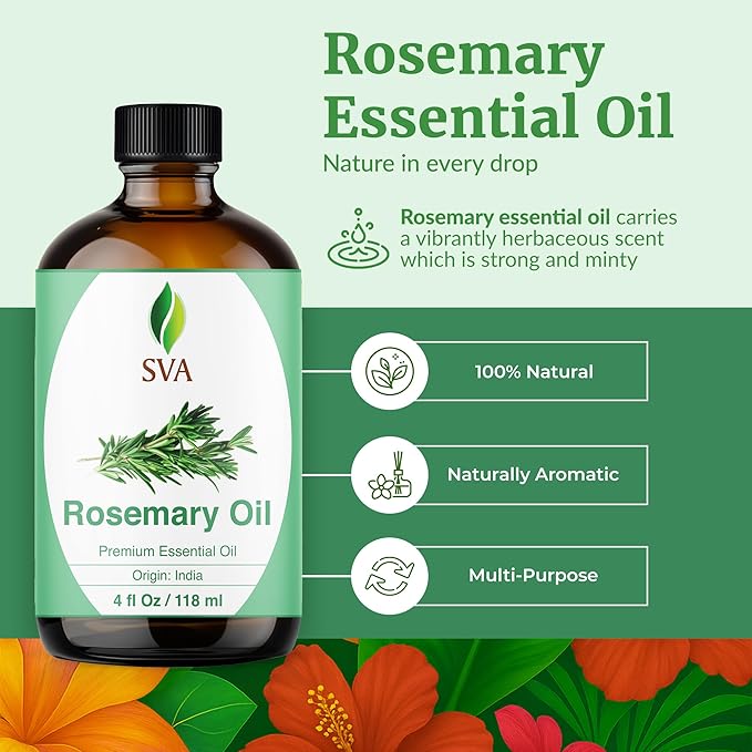 SVA Rosemary Essential Oil – 4 Fl Oz - for Diffuser, Skin & Hair Care – Ideal for Aroma, Massage & DIY Blends– with Dropper