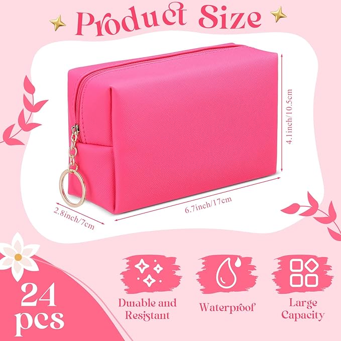 Chunful 24 Pcs Preppy Makeup Bag PU Leather Cosmetic Bag Bulk Makeup Plain Pouch Waterproof Toiletry Purse for Women Traveling Preppy Pencil Case Valentine's Day Gifts(Rose Red)