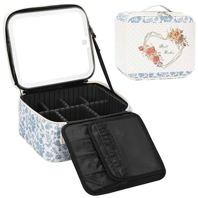Relavel Travel Makeup Bag with LED Mirror, Floral Train Case with Dividers