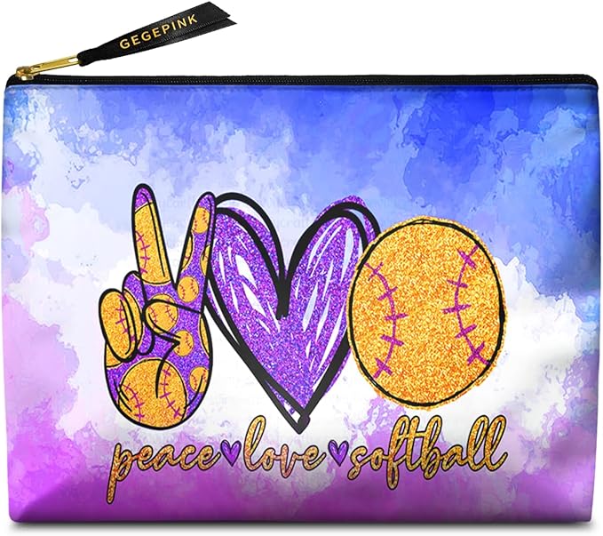 GEGEPINK Cute Makeup Bag for Purse Waterproof Cosmetic Bags for Women Funny Smooth Zipper Travel Toiletry Pouch 10X8 Inches-Peace Love Softball Makeup pouch