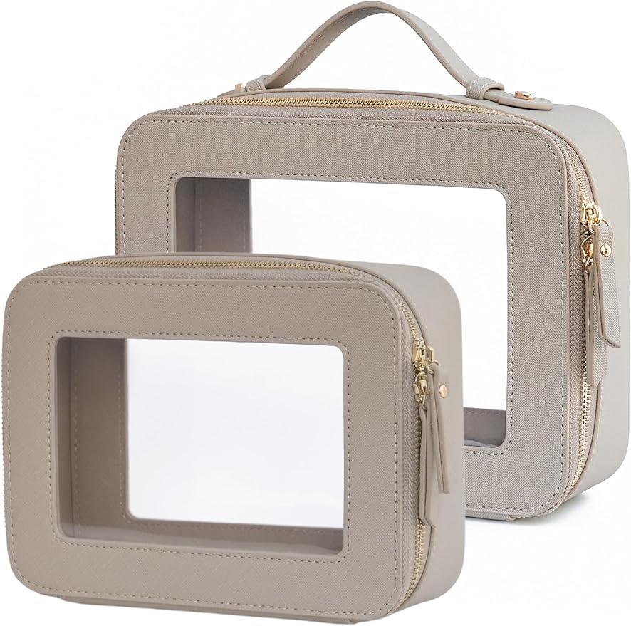 Popvibe Clear Makeup Bag Set 2 Pack Travel Cosmetic Case Toiletry Bag with Zipper Make Up Case Traveling, Stone, Medium and Large