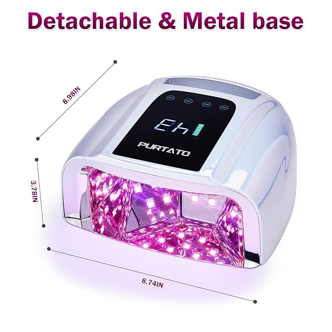 PURTATO Professional Rechargeable 96W UV LED Portable Cordless UV Light for Nail Lamp Machine with Removable Stainless Steel Bottom,4 Timer Setting and Smart Sensor Nail Dryer (Plating Silver)