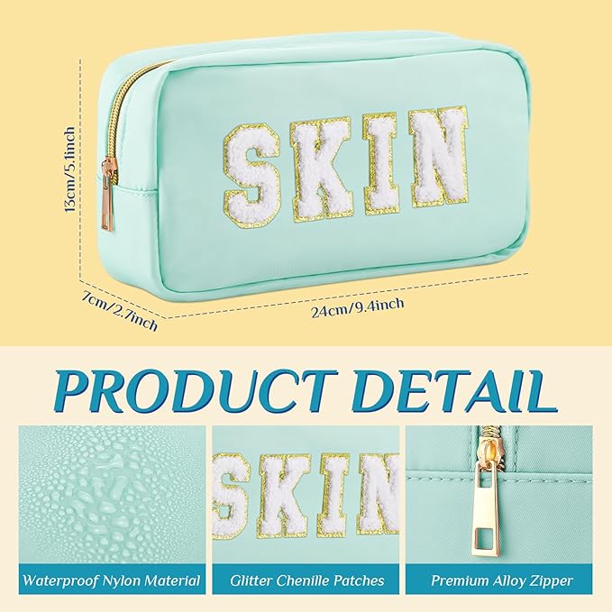 Cunno Preppy Makeup Bags Chenille Letter Stuff Bag Nylon Cosmetic Pouch Cases with Zipper for Women Travel Toiletry(Pastel Color,Classic,4 Pcs)