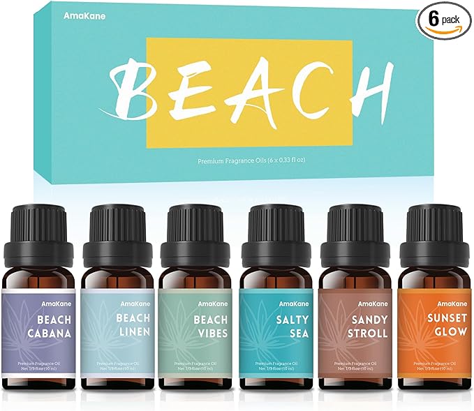 AmaKane Beach Fragrance Oils Set, Summer Essential Oils for Diffuser, Fragrance Oil for Candle Making, Soap Making Scents, Diffuser Oil Scents 6x10ml