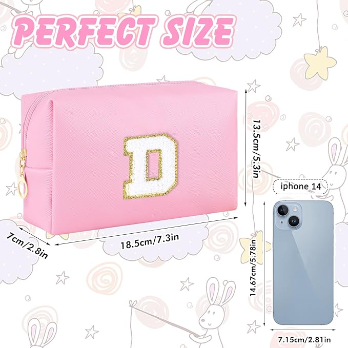 URSKYTOUS Initial Makeup Bag Personalized Preppy Travel Small PU Cosmetic Bag Pink Makeup Pouch Zipper Toiletry Organizer for Women Girls Mom Friend Bridesmaid Teacher Sister Prom Christmas Gift（D）