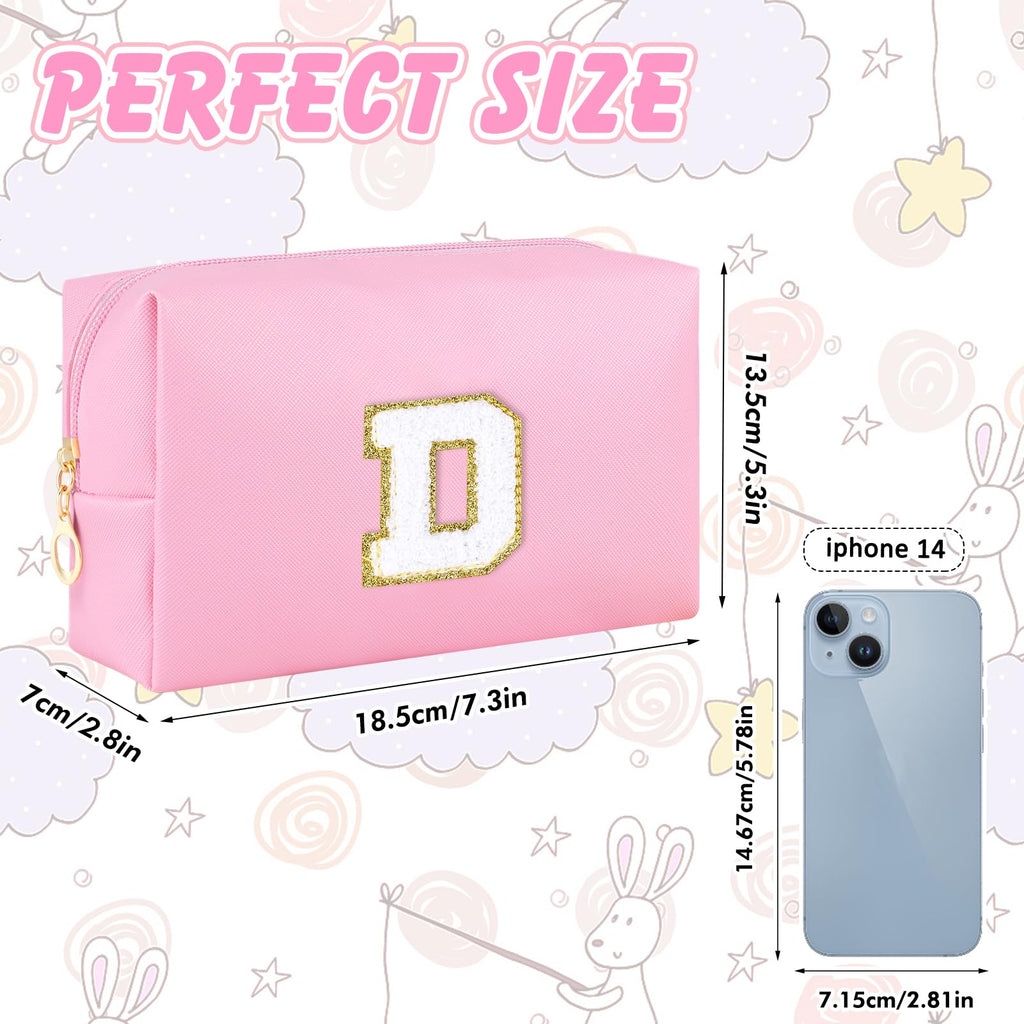 URSKYTOUS Initial Makeup Bag Personalized Preppy Travel Small PU Cosmetic Bag Pink Makeup Pouch Zipper Toiletry Organizer for Women Girls Mom Friend Bridesmaid Teacher Sister Prom Christmas Gift（D）