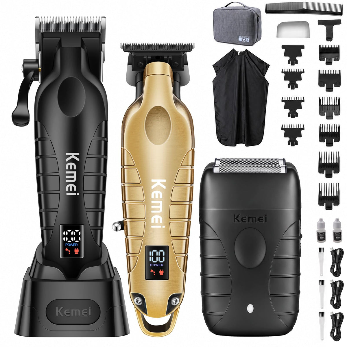 KEMEI KM-2293 3-Piece Cordless Barber Kit with Foil Shaver, Gold