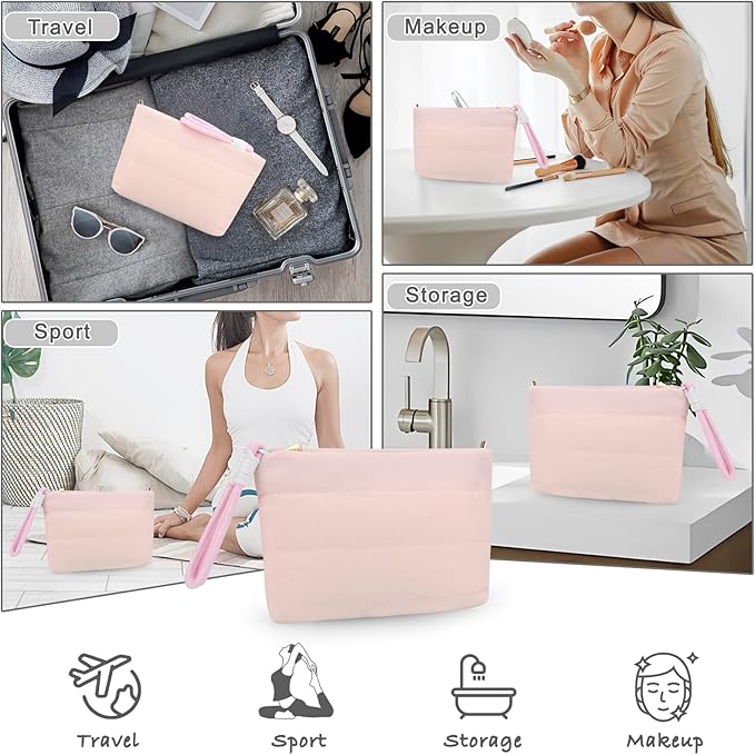 DOB SECHS Quilted Makeup Bag with Handle Detachable Cute Striped Puffy Cotton Cosmetic Bag for Women, Small Puffer Toiletry Zipper Make Up Pouch Clutch Bag Travel Organizer Storage Pouches Case, Pink