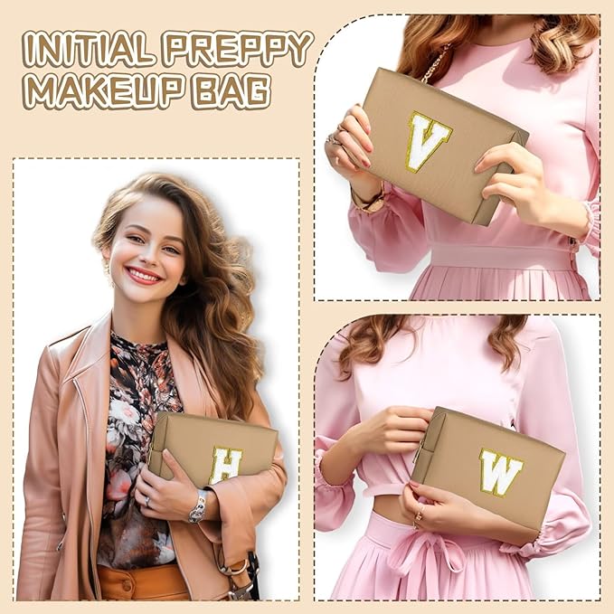 TOPEAST Monogrammed Gifts for Women, Preppy Makeup Bag Small Cosmetic Bag Travel Toiletry Bag, Personalized Birthday Gift for Girl, Wedding Bridal Shower Gifts for Bridesmaids (Khaki M)