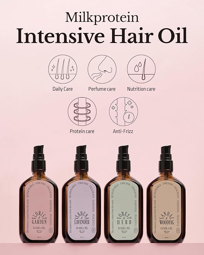 Milk Protein Intensive Perfume Hair Oil - Korean Anti Frizz Nourishing & Smoothing Hair Serum - Subtle Verbena Lavender Scent - with 10,000ppm Argan Oil & 6 Plant-Based Oils, 3.38 fl.oz.