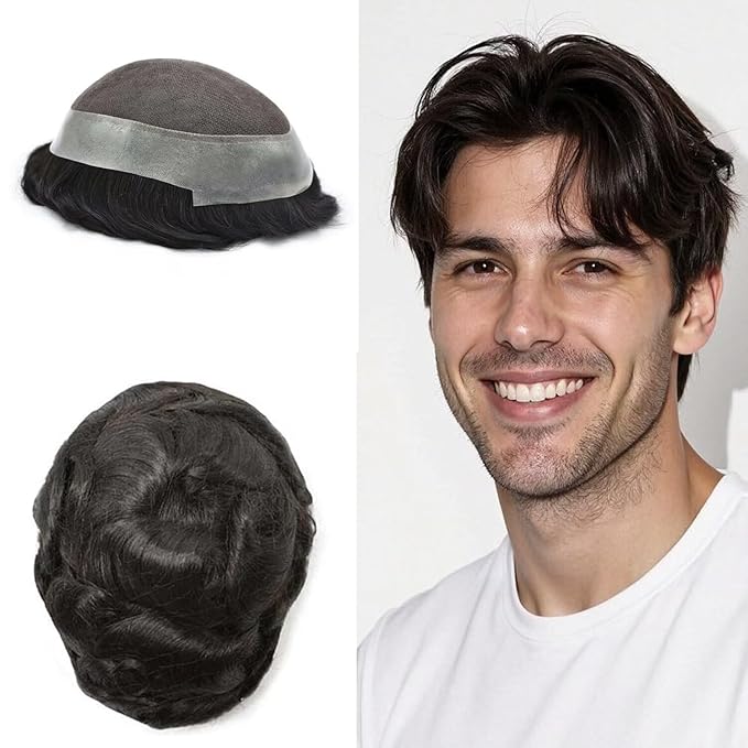 FACE MIRACLE Lace Front Mens Toupee Human Hair System Swiss Lace Center Toupee for Men Thin Skin PU Around Hair Replacement System V-Looped Mens Hair Wig Units 6"X9" 1B# OFF BLACK