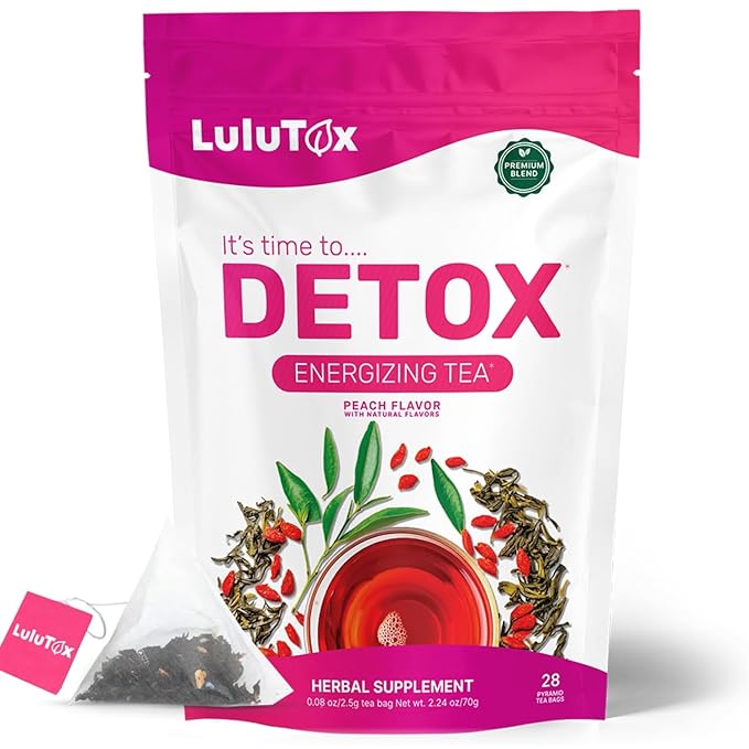 LULUTOX Detox Tea - Herbal Blend with Dandelion, Ginseng, and Ginger - Supports A Healthy Weight, Digestive Health - Vegan, All Natural, Laxative-Free - Peach Flavor (28 Servings)