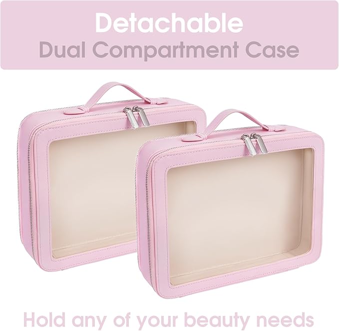 idoltimes Clear Makeup Bag,Large Toiletry Case for Women,PU Leather Travel Cosmetic Bag,Detachable Makeup Case,Double Compartment Make up Organizer