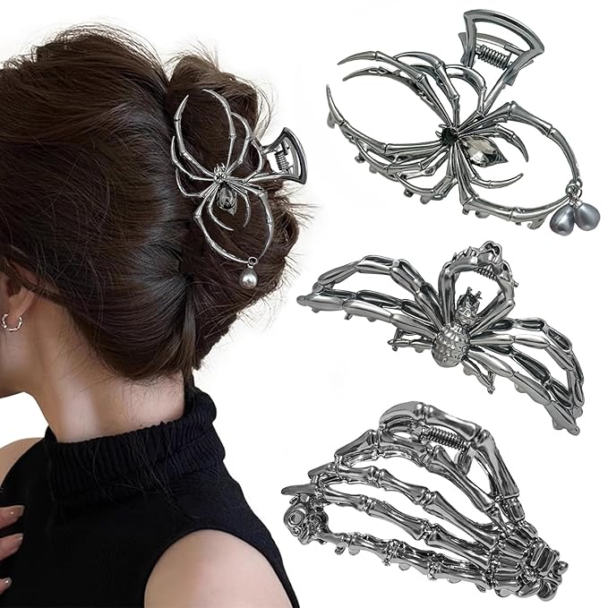 Parcce 3 Pieces Large Metal Spider Net Hand Hair Claw Clips for Women and Girls Thick Long Hair, Nonslip Skeleton Spooky Barrette Headband Hair Styling Accessories for Halloween